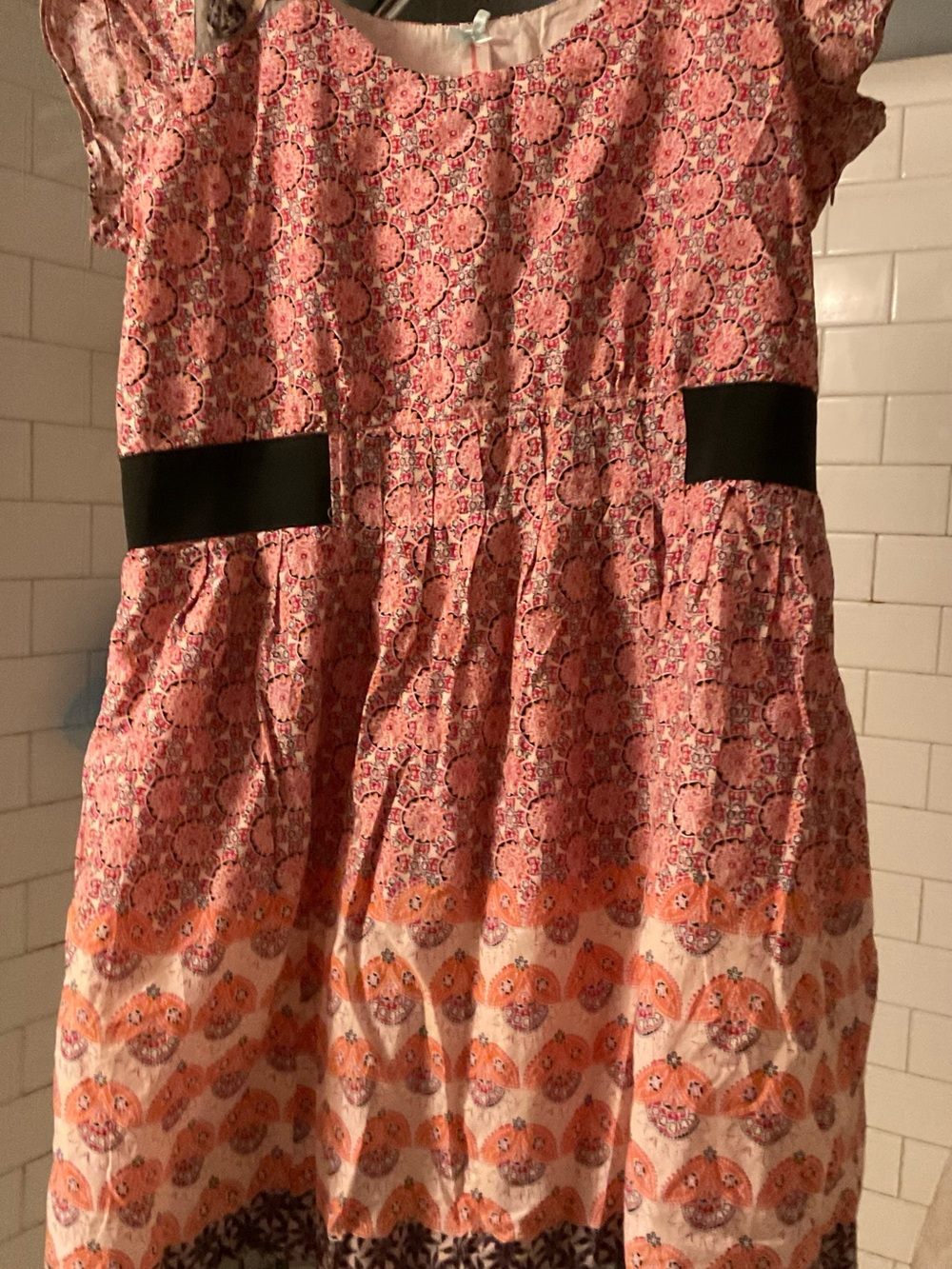 DownEast Pink and Orange Printed Women’s Dress with Black Waist Accents & lace